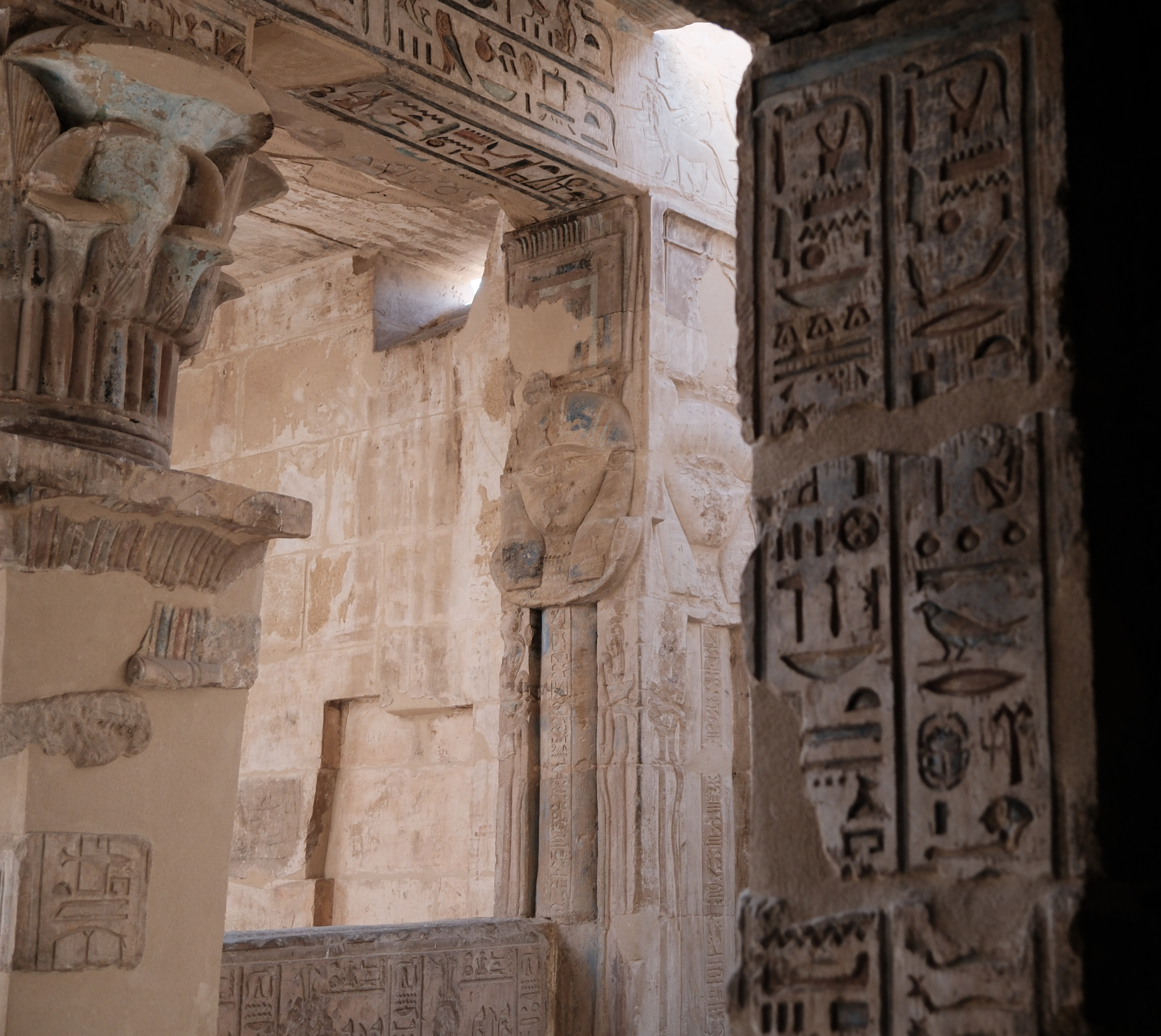 Hathor columns at Dendera — Egyptian temple geometry and sacred light